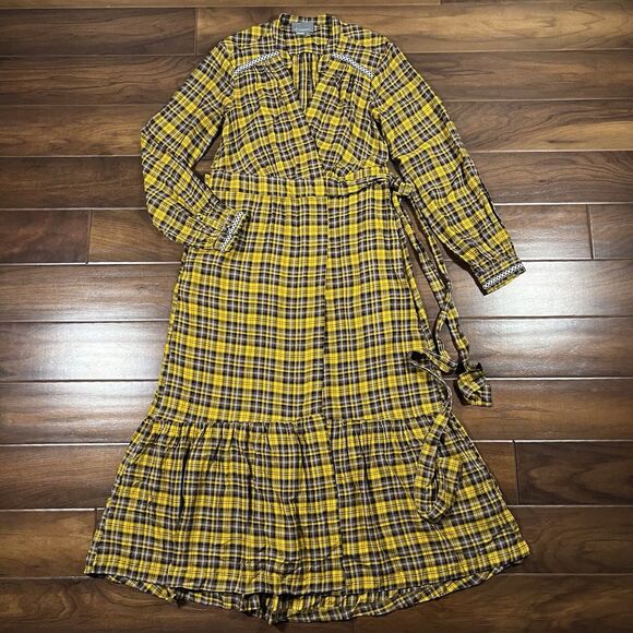 Anthropologie Women's Size Small‎ Yellow Brown Plaid Dalton Wrap Midi Dress - Picture 1 of 11